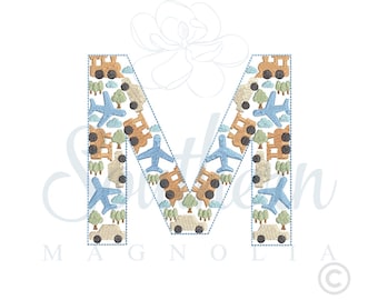 Cars Planes Trains Embroidery Design Letter M, Transportation (Digital Download)