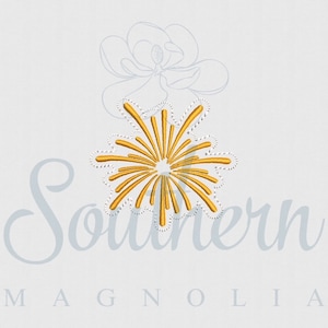 May include: A gold embroidery design of a stylized firework with a white outline. The design is centered on a white background with the text "Southern Magnolia" in a light blue cursive font.