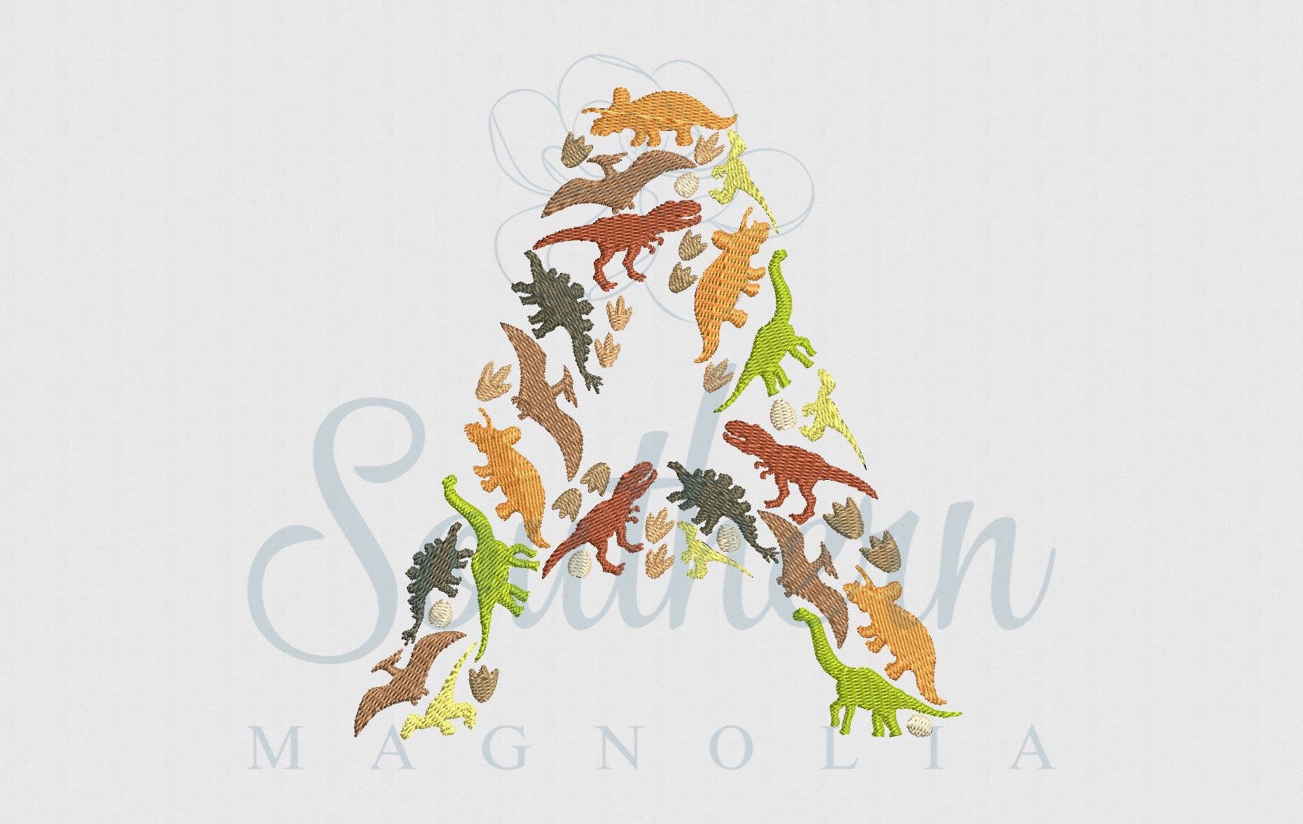 Een dinosaurusborduurontwerp | dinosaurusalfabet, dinosaurusborduurlettertype, dinosaurusletterborduurwerk, dinosauruslettertype, dinosauruscadeau voor jongen