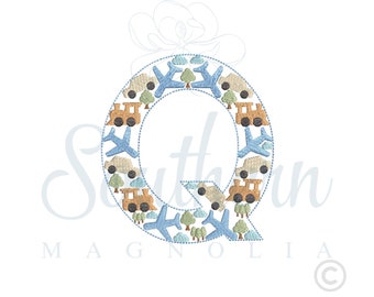 Cars Planes Trains Alphabet Letter 'Q' Embroidery Design (Digital Download)