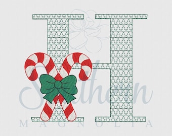 H Candy Cane Bow Christmas Tree Motif Embroidery Design