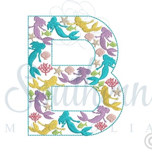 B Mermaid Embroidery Design, embroidery font, mermaid embroidery machine pattern, mermaid birthday, mermaid birthday shirt, mermaid outfit