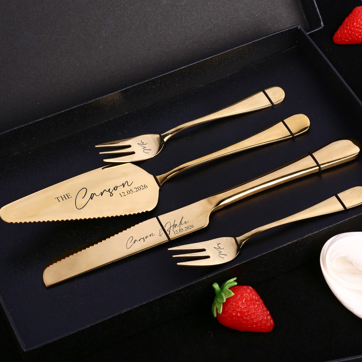 Personalized Wedding Cake Server Set With Box | Custom Engraved Dessert Silverware With Box | Wedding Day Cake Cutting Set | For the bride
