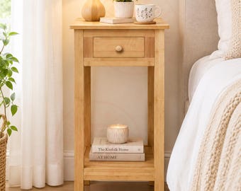 Bamboo Tall Bedside Table, Narrow Nightstand with Drawer Shelf, Wooden End Table