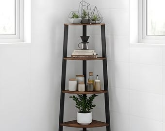 4 Tier Corner Shelf Vintage Bookshelf Storage Unit Freestanding Steel Frame Organizer