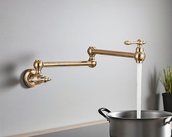 Geborsteld gouden wandmontage pannenvulkraan, opvouwbare keukenkraan