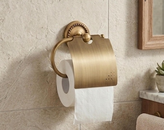 Antieke bronzen toiletpapierhouder met deksel, wandgemonteerde massief messing rolhouder
