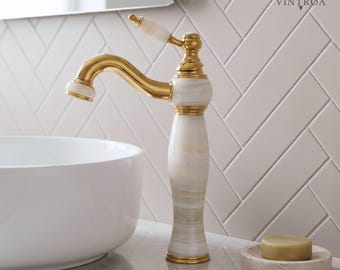 Gold Bathroom Faucet Natural Marble Polished Brass Vessel Sink Tap
