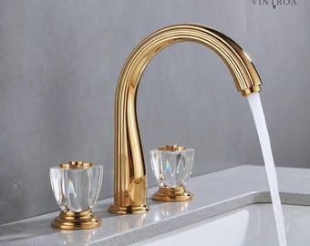 Luxury Gold Bathroom Faucet with Crystal Handles, 3-Hole Widespread Basin Mixer