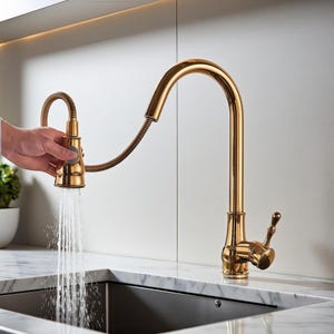 May include: A gold-colored kitchen faucet with a pull-down sprayer. The faucet is arched and has a single handle. Water is flowing from the sprayer into a stainless steel sink. The faucet is set against a white background.