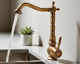Carved Brass Kitchen Faucet , Antique Style Mixer Tap