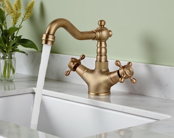 Grifo mezclador de lavabo de latón vintage, grifo mezclador de lavabo de doble manija