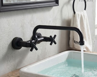 Matte Black Wall Mount Kitchen Faucet Bridge Style Cross Handle Sink Tap