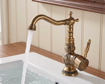 Antique Brass Bathroom Faucet Floral Basin Mixer Tap Single Handle Vessel Sink Faucet
