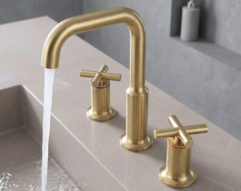 Modern Brushed Gold Bathroom Faucet, 3 Hole Widespread Vanity Sink Tap