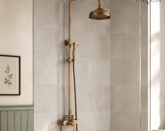 Outdoor Indoor Antique Brass Shower System, Rainfall Shower Set with Handheld Sprayer