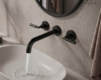 Matte Black Wall Mount Faucet 2 Handle Bathroom Sink Tap
