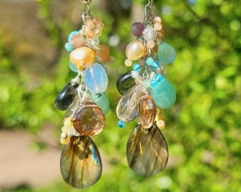 Labradorite cluster gemstone earrings; romantic jewelry; romantic gift; crystal clear earrings