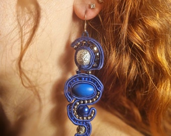 Arabesque indigo earrings; dark blue earrings; soutache jewelry; gift for her;