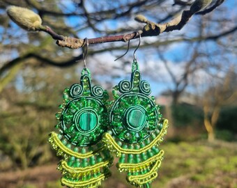 Malachite soutache earrings; green lace earrings; soutache jewelry; gift for her; ornamental lace jewelry