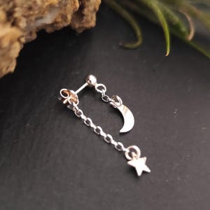 Mond und Stern Ohrstecker mit Kette hinten | 925 Silber Celestial Ear Jacket | Asymmetrische Front-Back Ohrstecker