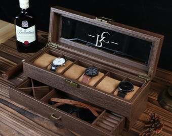 Gepersonaliseerde horlogedoos, gegraveerde horlogekast, Valentijnsdagcadeau voor hem, cadeau vriendje, cadeau bruidegom, mannen cadeau, cadeau horlogeliefhebber