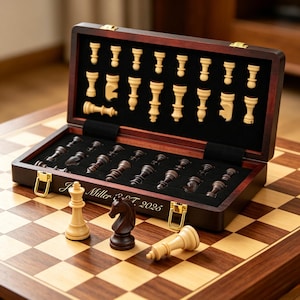 Jogo de xadrez de madeira personalizado com peças pesadas, tabuleiro dobrável gravado para viagem, peças pesadas, caixa magnética dobrável, jogo para toda a família.