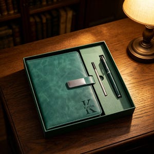 May include: A dark green notebook with a silver metal clasp and the name Kevin printed above a large letter K, presented in a matching green gift box alongside a dark green fountain pen and a thin silver metal ink refill cartridge.