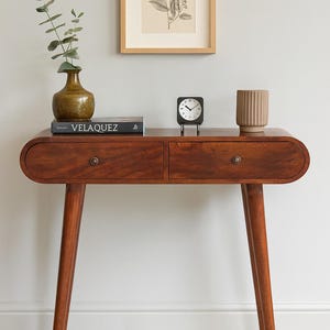 Solid Wood Console Table with Drawers - Mid-Century Modern Entryway Storage