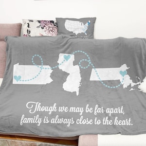 Custom Long Distance Family Blanket, State to State Map Gift, Up to 4 States, Personalized Quote, Christmas Far Away Friend Gift