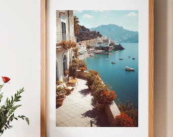 Vintage Italian Riviera Terrace View | Amalfi Coast Balcony,Mediterranean Seaside Print, (Digital Download)