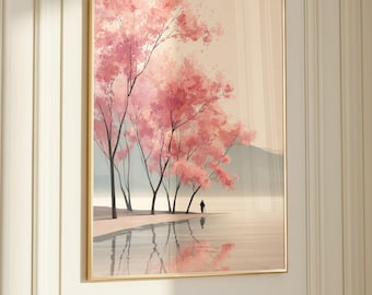 Stampa murale con paesaggio zen giapponese/arte minimalista con fiori di ciliegio rosa, pastello morbido (download digitale)