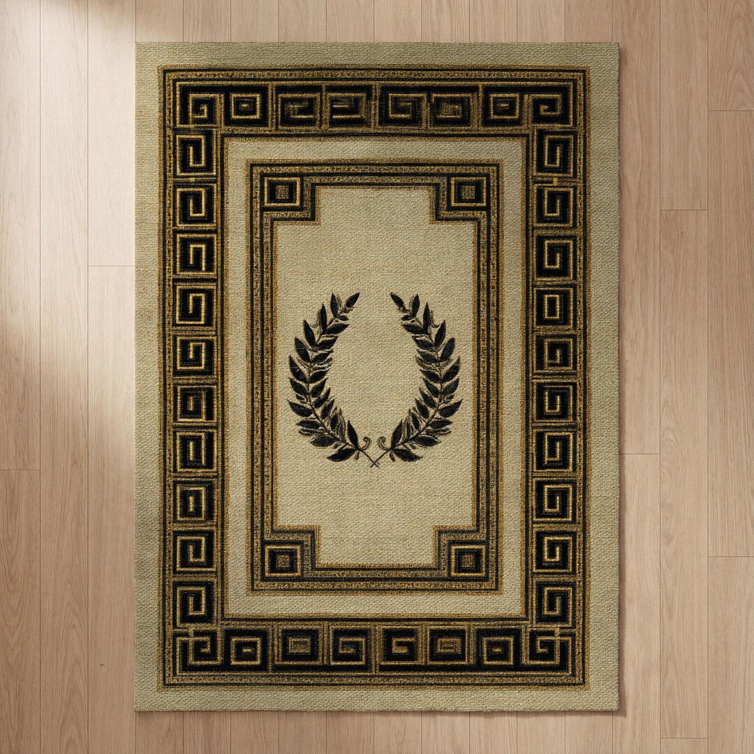 Greek Key Laurel Wreath Area Rug, Roman Classical Chenille Non Slip ...