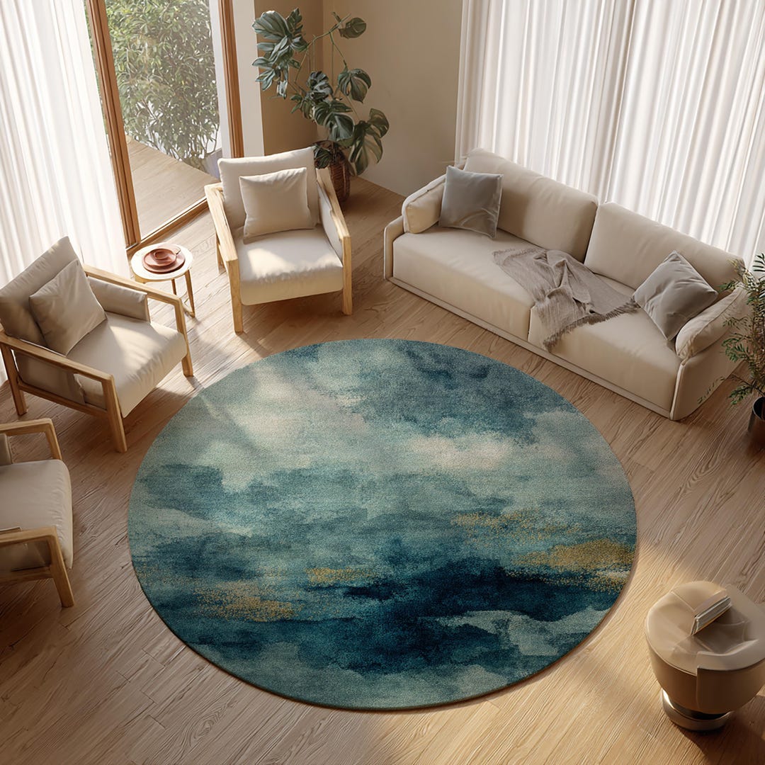 Blue Abstract Round Rug, Modern Watercolor Circle Chenille Carpet ...