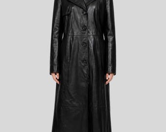 Casaco feminino de couro preto - Trench coat longo de couro - Sobretudo de couro preto - Casaco maxi clássico de couro