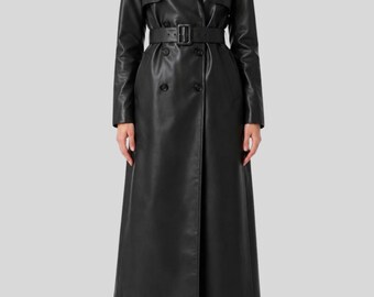 Casaco Trench Coat Feminino Preto em Couro - Casaco de Couro com Cinto - Casaco Longo de Couro Preto - Casaco de Couro com Abotoamento Duplo