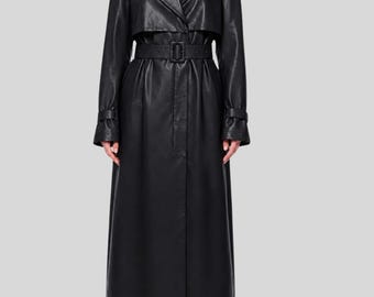 Trench coat feminino preto em couro - Casaco longo de couro com cinto - Maxi casaco preto em couro - Sobretudo minimalista em couro