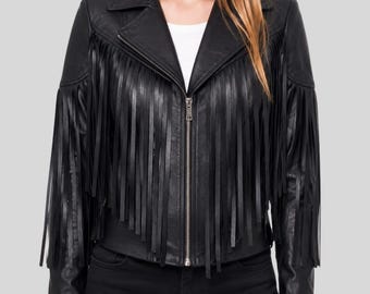Jaqueta feminina de couro preta com franjas - Jaqueta estilo western com franjas - Jaqueta de couro preta estilo motoqueiro - Jaqueta de couro curta
