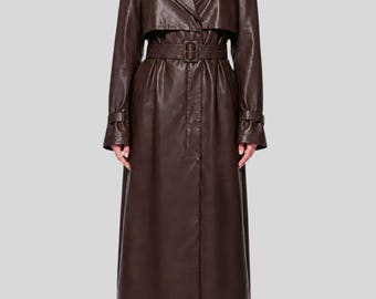 Trench coat feminino marrom em couro - Casaco longo de couro com cinto - Casaco de couro marrom chocolate - Sobretudo maxi em couro