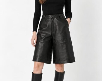 Bermuda de couro preta - Shorts femininos de cintura alta e pernas largas - Moda urbana minimalista