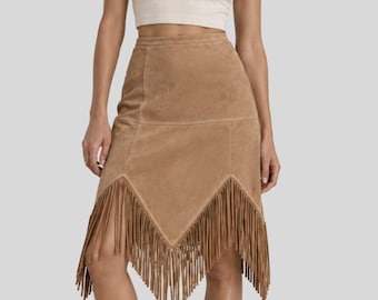 Saia feminina de camurça bege com franjas - Saia midi de cintura alta - Saia boho western - Barra longa com franjas - Moda feita à mão