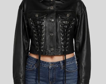 Jaqueta feminina preta cropped de couro - Jaqueta de couro com cadarço - Jaqueta estilo corset - Jaqueta de couro gótica