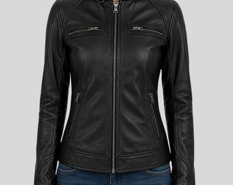 Jaqueta feminina de couro preta estilo motociclista - Jaqueta preta estilo café racer - Jaqueta de couro slim fit - Jaqueta estilo motociclista com zíper frontal