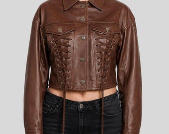 Jaqueta feminina marrom de couro estilo corset - Jaqueta cropped de couro com amarração - Top cropped de couro marrom - Jaqueta de couro estilo western