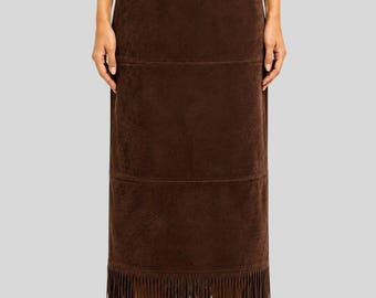 Saia feminina marrom com franjas - Saia midi de cintura alta - Saia com inspiração western - Peça boho statement - Moda feita à mão