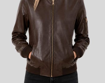 Jaqueta Bomber Feminina de Couro Marrom - Jaqueta de Couro Marrom com Zíper - Jaqueta Bomber Clássica - Jaqueta de Couro Casual