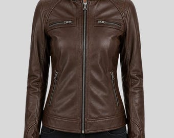 Jaqueta feminina de couro marrom estilo motociclista - Jaqueta de couro marrom para motociclista - Jaqueta de couro estilo café racer - Jaqueta de couro com zíper