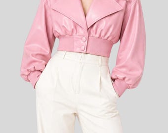 Jaqueta feminina cropped de couro rosa - Jaqueta de couro com mangas bufantes - Blazer de couro rosa - Blusa cropped de couro