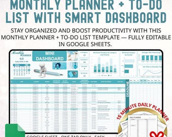 Monthly Planner | To-Do List Google Sheet | Task Tracker & Productivity Dashboard Template | Monthly Schedule Spreadsheet