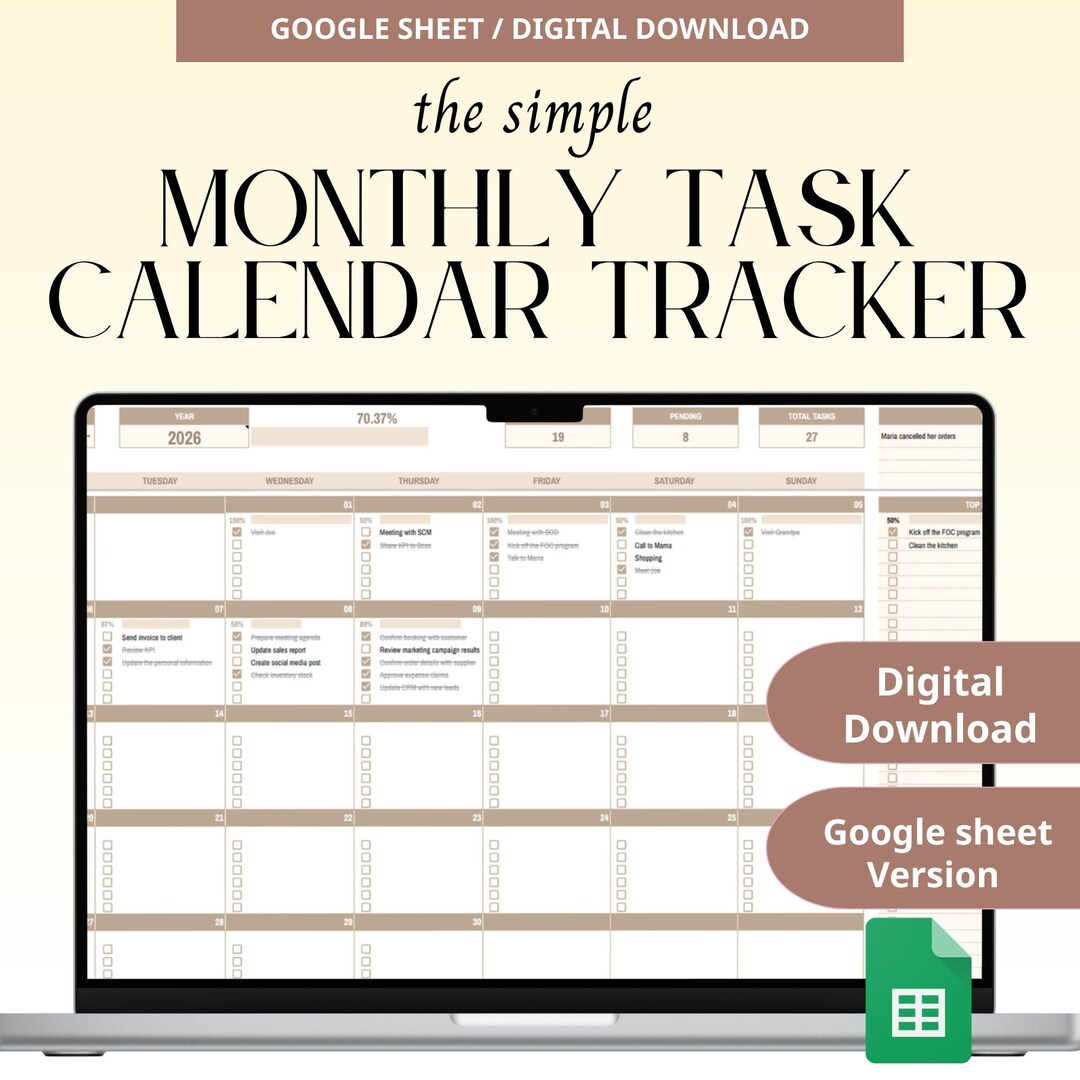 Calendar With Checkboxes Monthly Task Calendar Google Sheets | Checkbox Planner | Daily Task ...